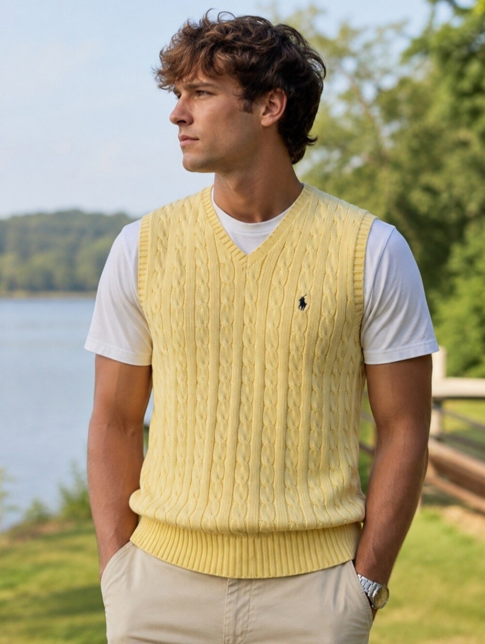 Vintage Polo Ralph Lauren Men’s Size Large Yellow Cable-Knit V-Neck Sweater Vest